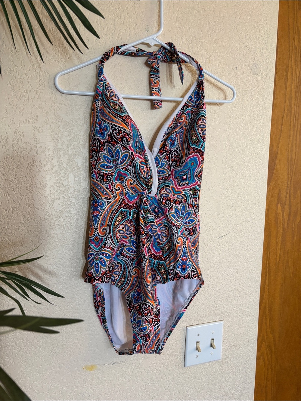 Women Paisley Halter One-Piece Swimsuit - Pink/Blue